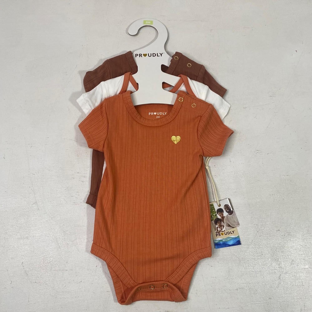 Proudly Baby 3 Pack Bodysuits 3M Rust Brown White Lion Heart NWT OEKO-TEX